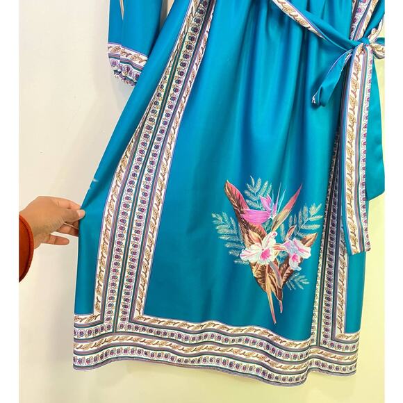 VTG Amy Deb Tropical Floral Dress Union Made  USA 1970'S Blue Belted Medium - Picture 6 of 7